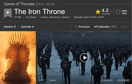 Game of Thrones IMDb page screenshot.
